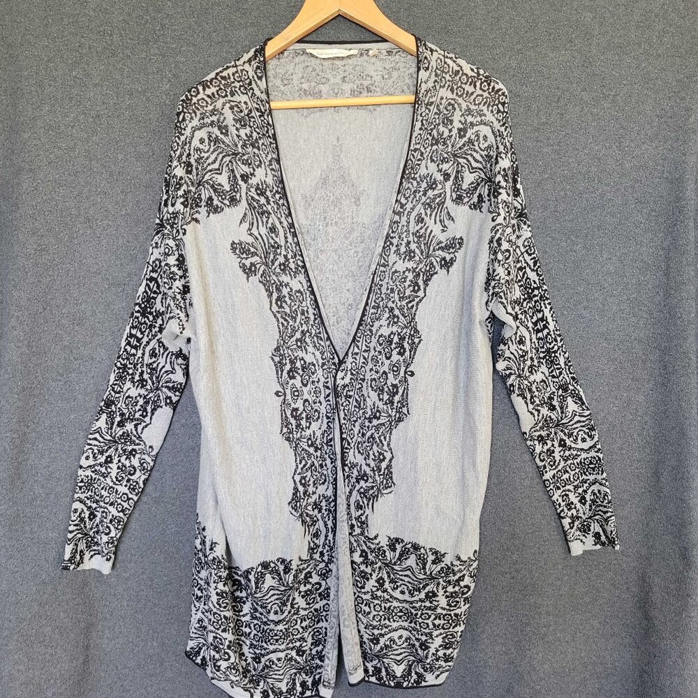 Soft Surroundings L Open Front Gray Black Long Cardigan Sweater Boho Chic Artsy